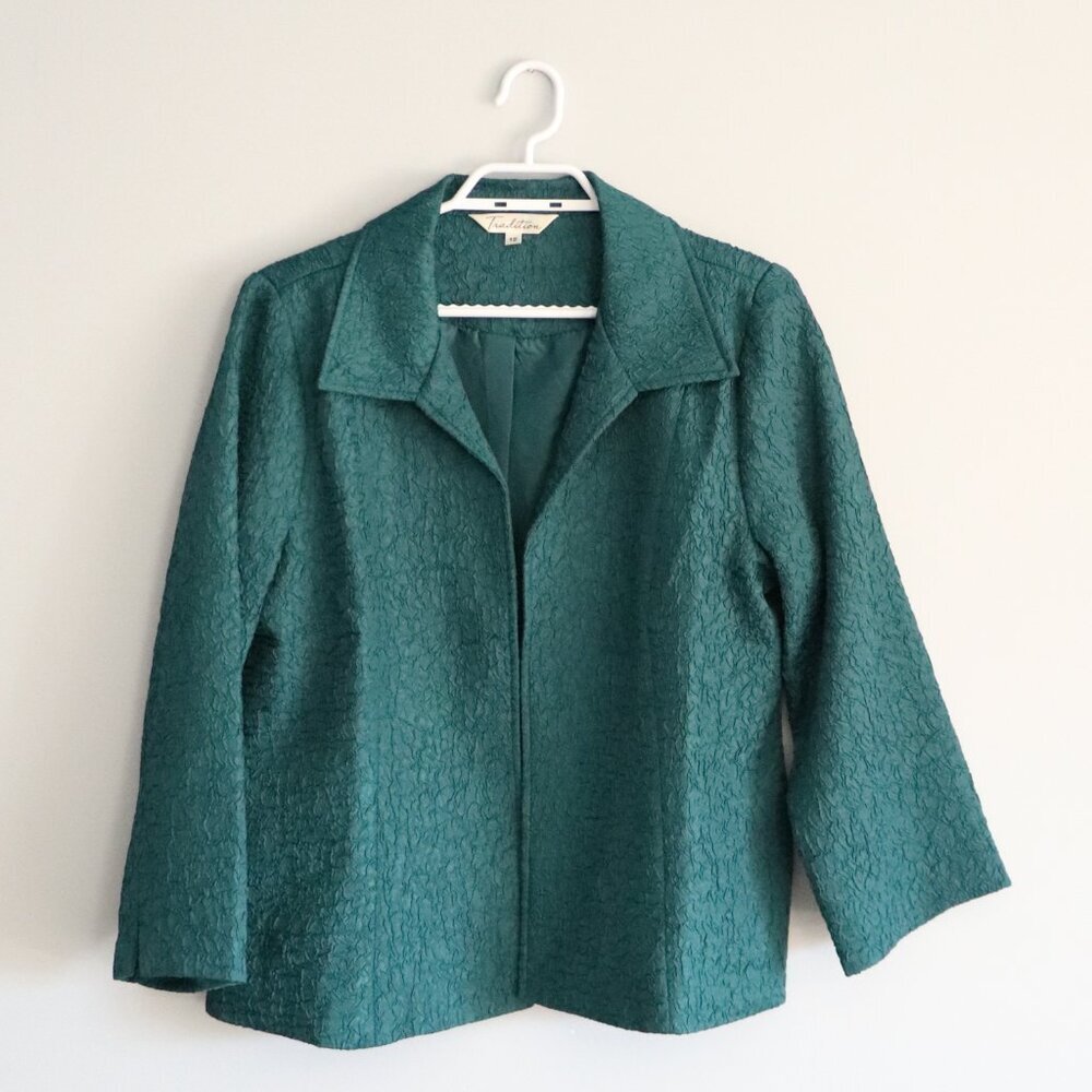 Vntg Traditions Women's‎ Sz 12 Green Crinkle Open Front Collared Lined Blazer